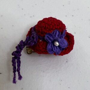 Red Hat Society Brooch Pin Purple Crochet Woman Feather‎ Flower Vintage